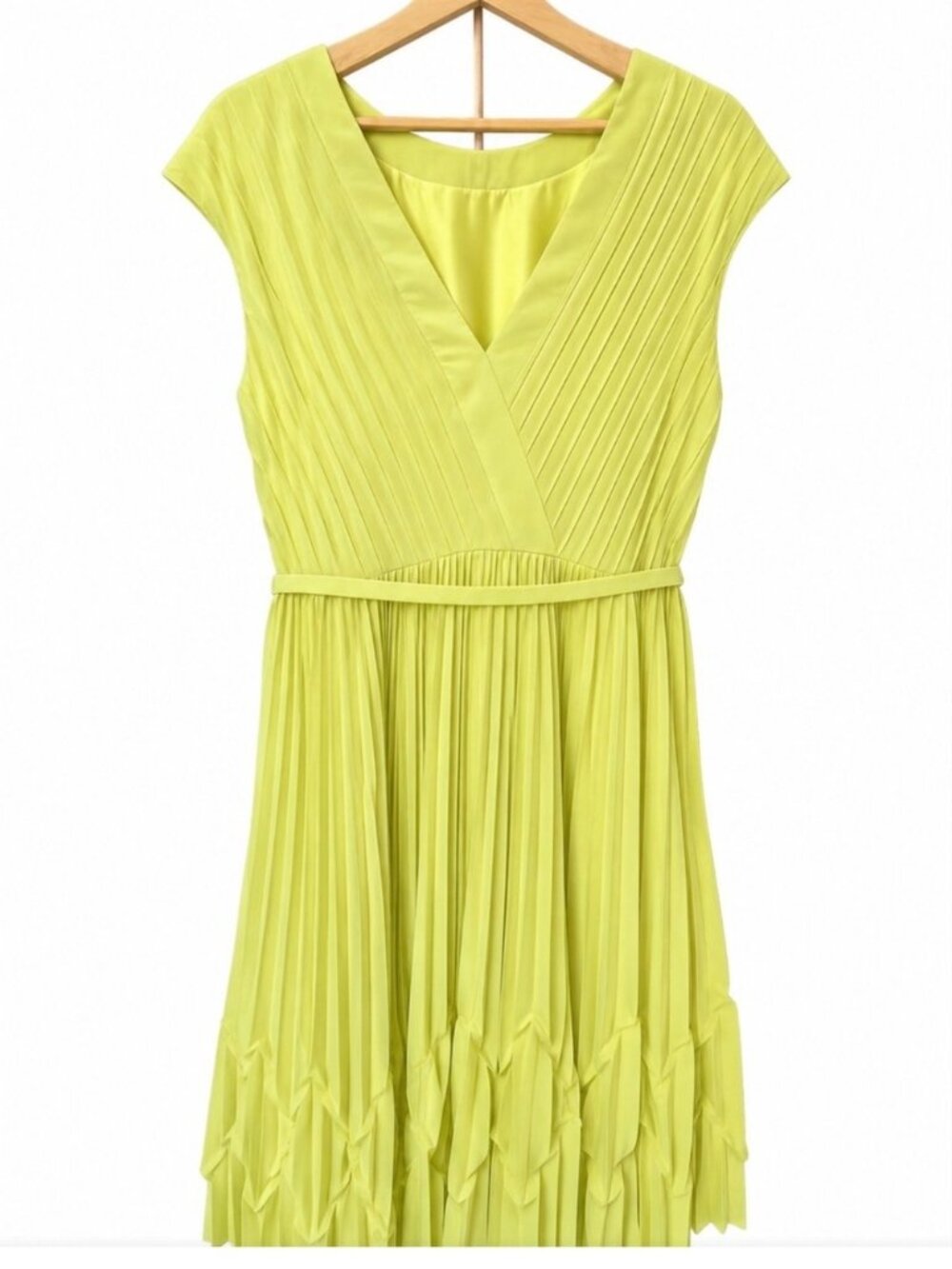 Ted Baker Lime Green Yellow Pleated Dress Size 2 Chic Designer Occasion Dress - Picture 12 of 13